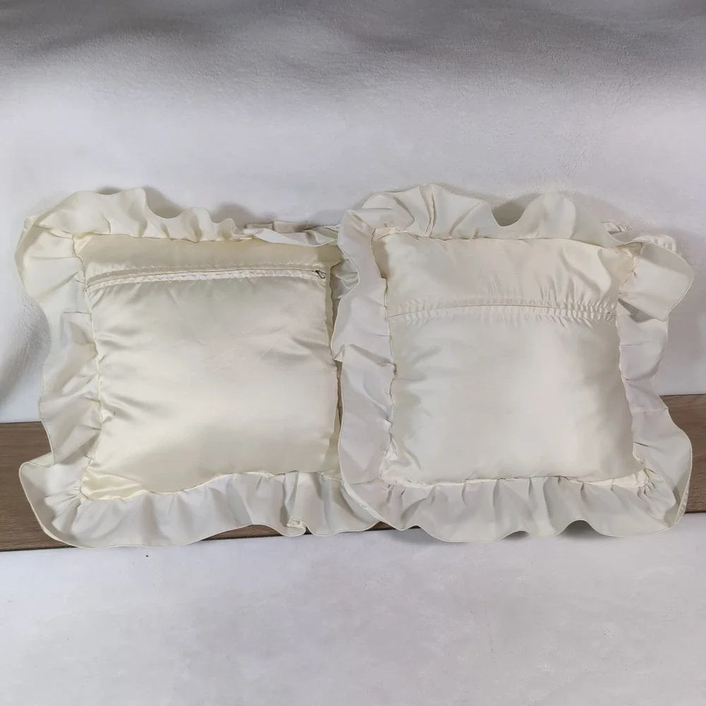 Vintage Satin Ruffle Embroidered Pillows Set of 2 Pink Floral Cottagecore Frilly